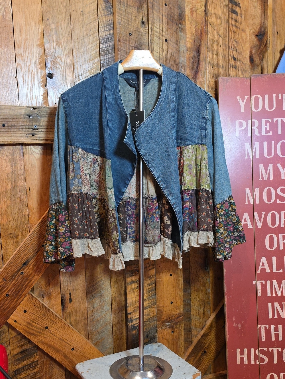 218p Young Threads Bohemian Patchwork Jean Jacket - Multicolor Floral Trim
